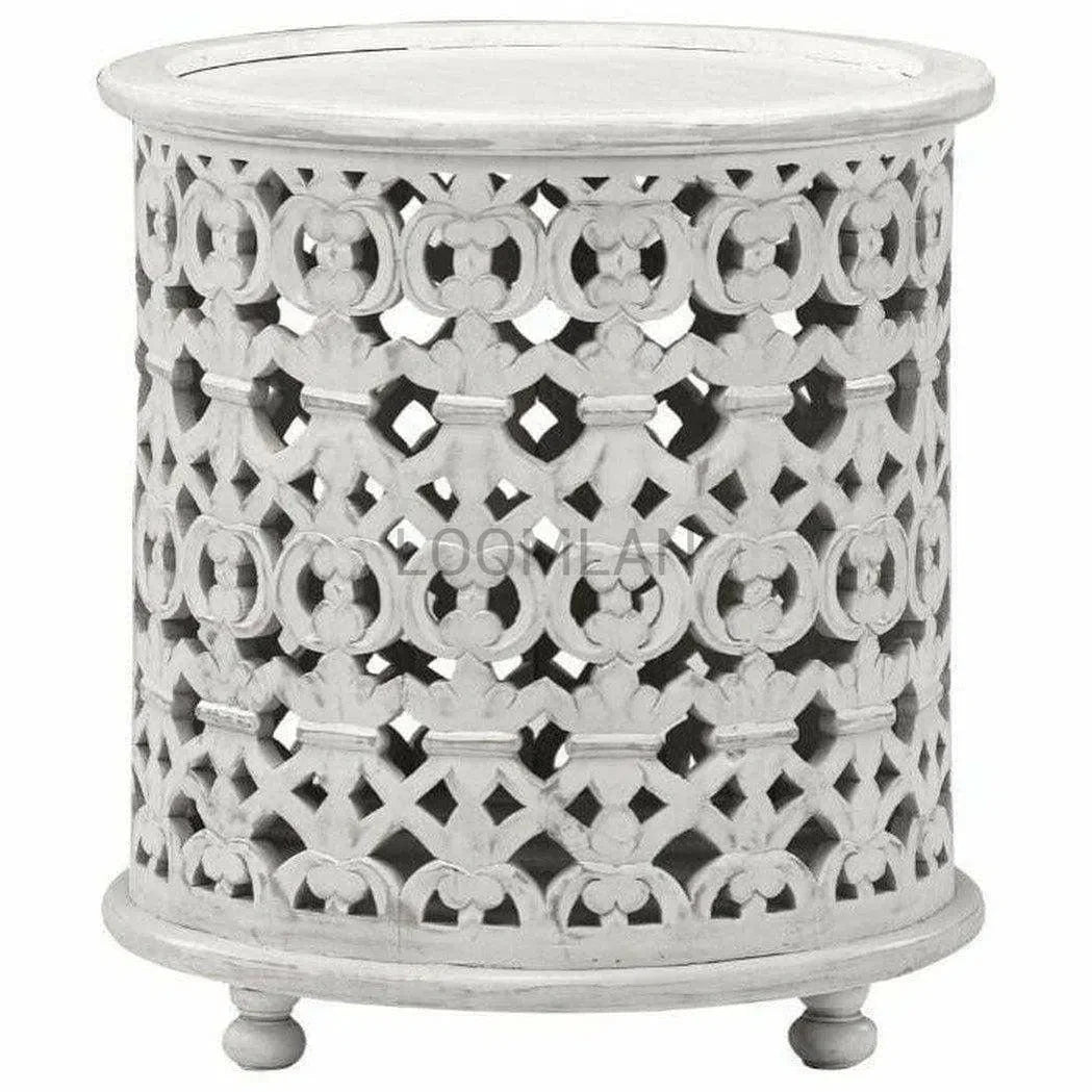 24" Round Drum Hand Carved White Wash End Side Accent Table Side Tables LOOMLAN By LOOMLAN