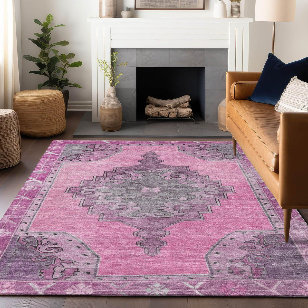 Haelion Pink Washable Indoor-Outdoor Rug -- pink