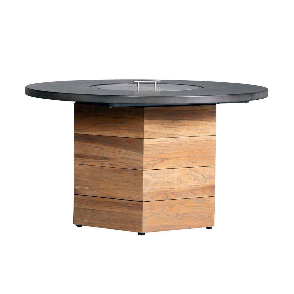Teak Outdoor Fire Table with Round Faux Concrete Top-Outdoor Fire Tables-Lloyd Flanders-Sideboads And Things