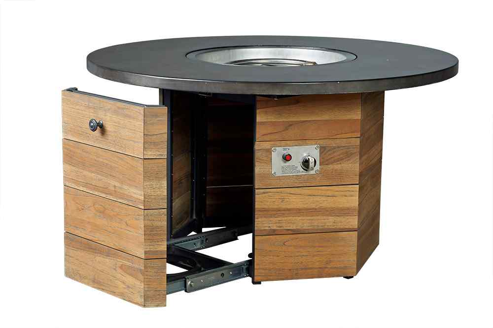 Teak Outdoor Fire Table with Round Faux Concrete Top-Outdoor Fire Tables-Lloyd Flanders-Sideboads And Things