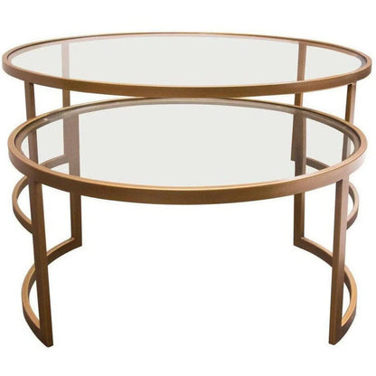 2PC Round Nesting Table Set Gold Frame Clear Glass Tops Coffee Tables Sideboards and Things  By Diamond Sofa