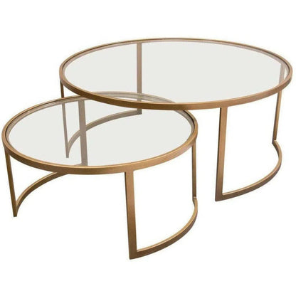 2PC Round Nesting Table Set Gold Frame Clear Glass Tops Coffee Tables Sideboards and Things  By Diamond Sofa