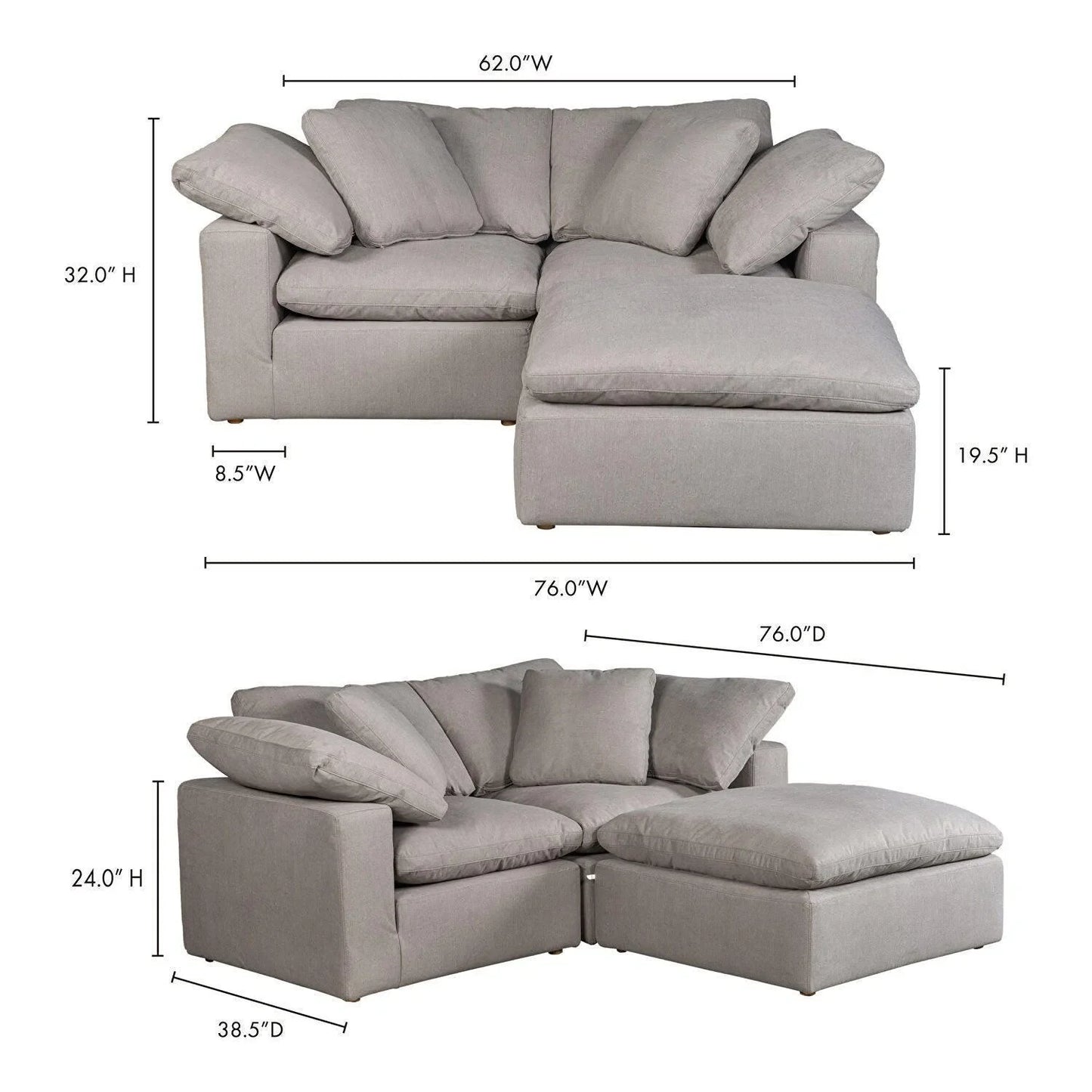 3 PC Stain Resistant Condo Grey Nook Modular Modular Sofas LOOMLAN By Moe's Home