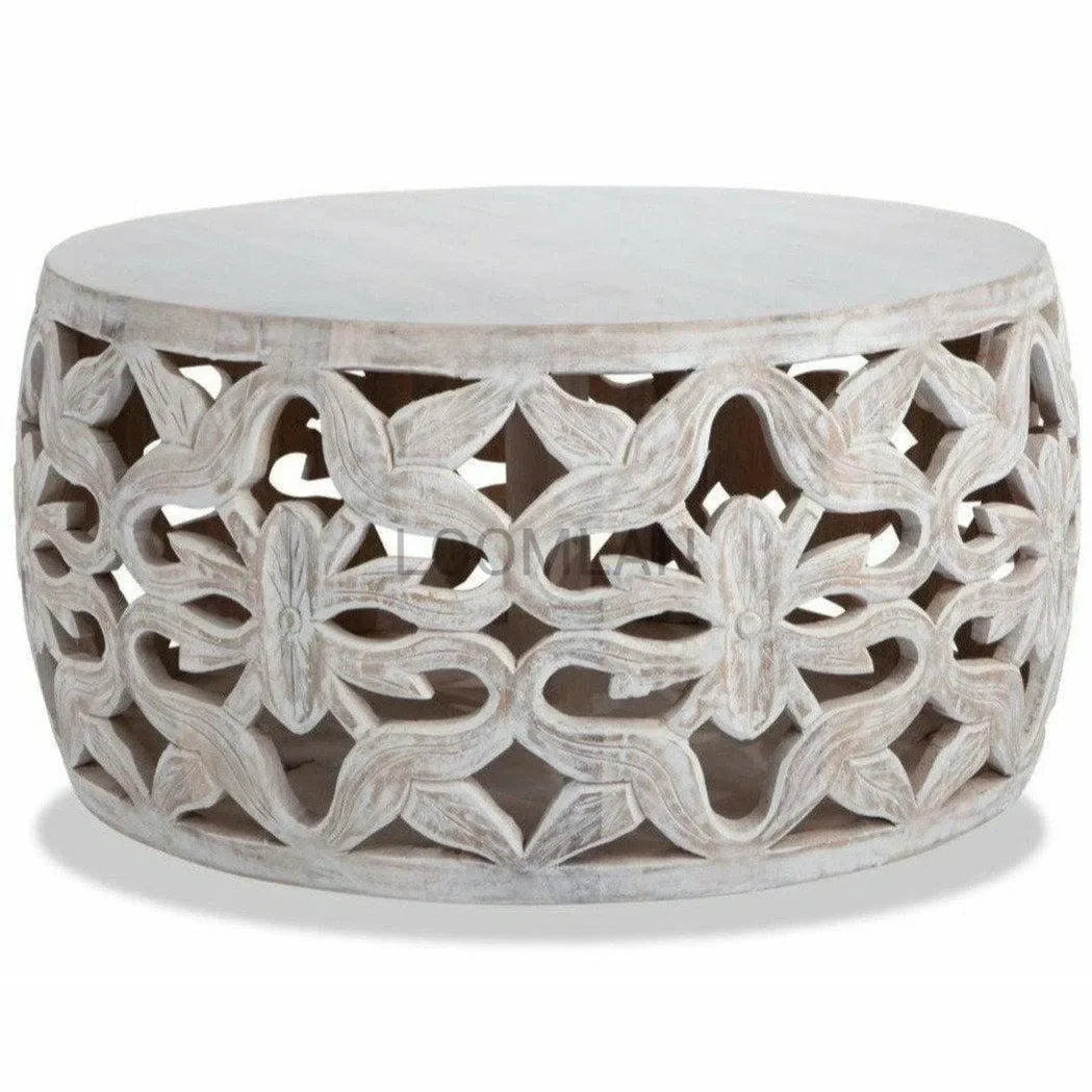 32" White Wash Drum Coffee Table Hand Carved Mango Wood Coffee Tables LOOMLAN By LOOMLAN