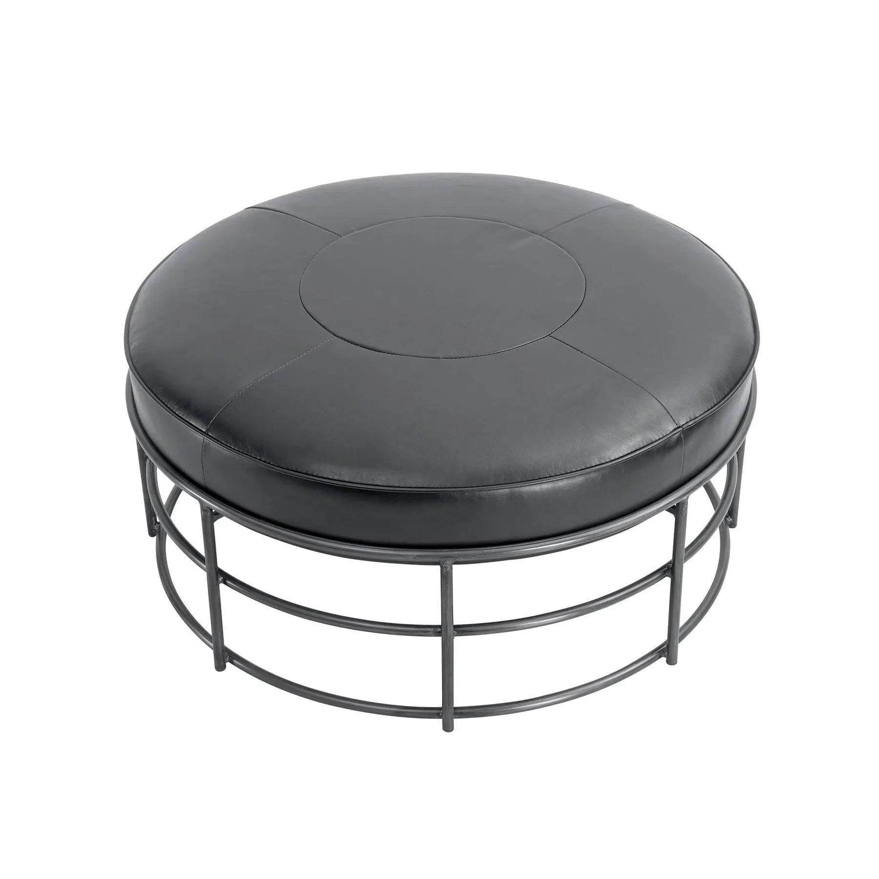 35" Round Black Leather Ottoman Coffee Table Iron Base Industrial Coffee Tables LOOMLAN By LHIMPORTS