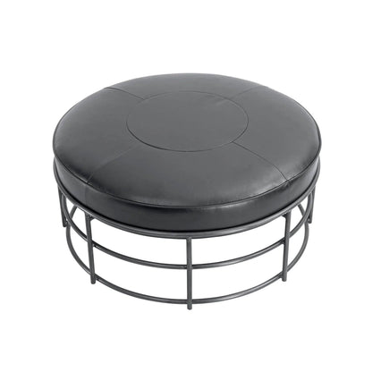 35" Round Black Leather Ottoman Coffee Table Iron Base Industrial Coffee Tables LOOMLAN By LHIMPORTS