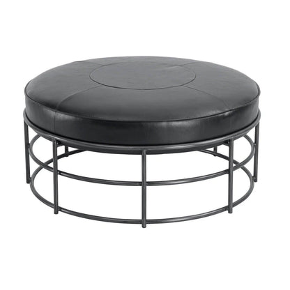 35" Round Black Leather Ottoman Coffee Table Iron Base Industrial Coffee Tables LOOMLAN By LHIMPORTS