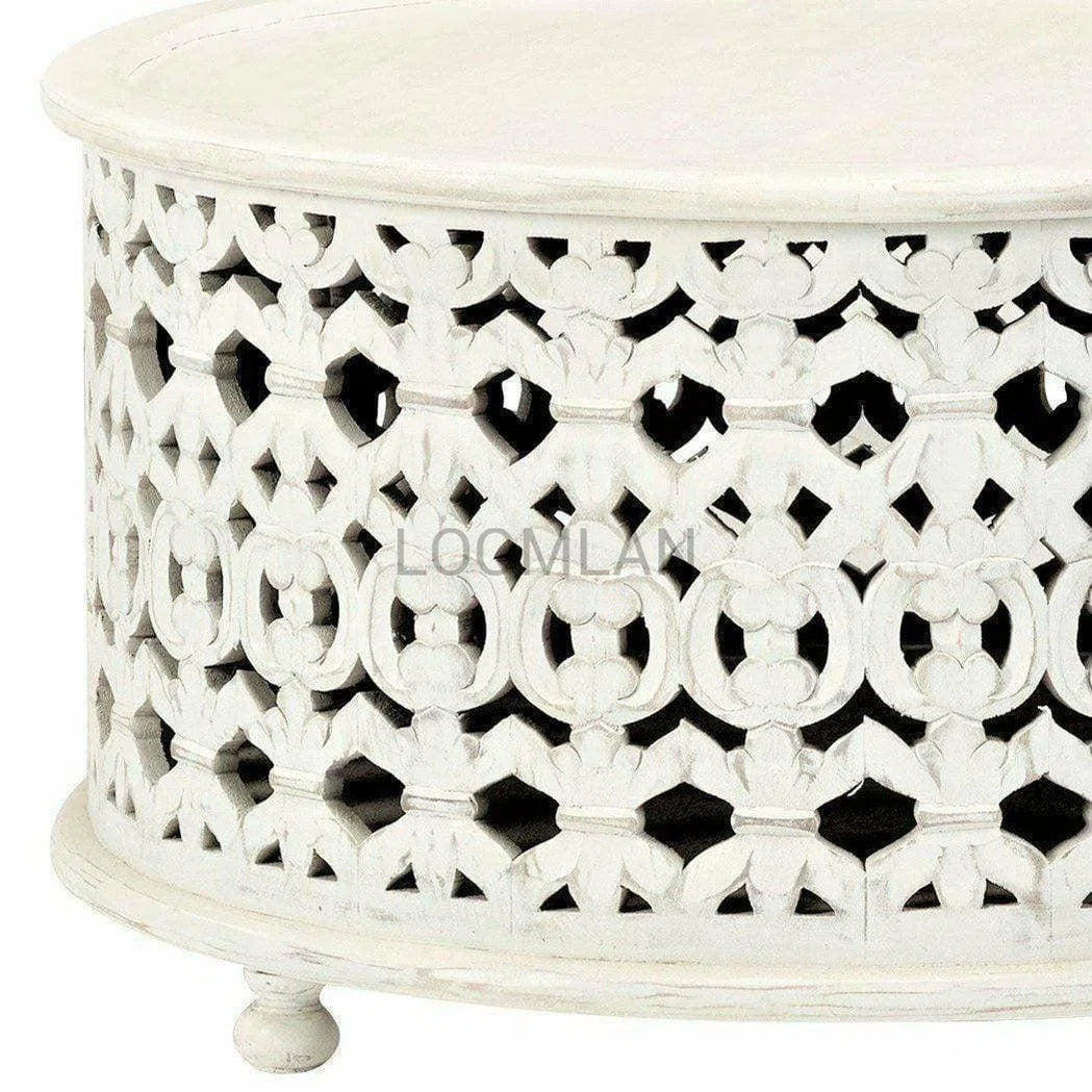 36" Round White Wash Hand Carved Drum Style Coffee Table Coffee Tables LOOMLAN By LOOMLAN