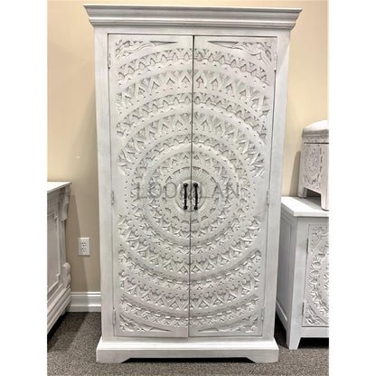 36x67" White Bohemian Hand Carved Wood Tall Home Bar Cabinet - Sideboards and Things Brand_LOOMLAN Home, Color_White, Features_Handmade, Features_Handmade/Handcarved, Features_Repurposed Materials, Features_Stemware Holder, Finish_Whitewashed, Game Room, Height_60-70, Materials_Wood, Orientation_Vertical, Product Type_Bar Cabinet, Width_30-40, Wood Species_Mango