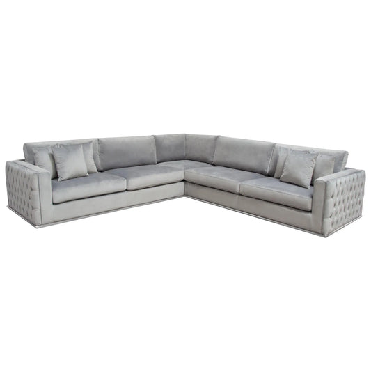 3PC Sectional Tufted Grey Velvet Silver Metal Trim Sectionals LOOMLAN By Diamond Sofa