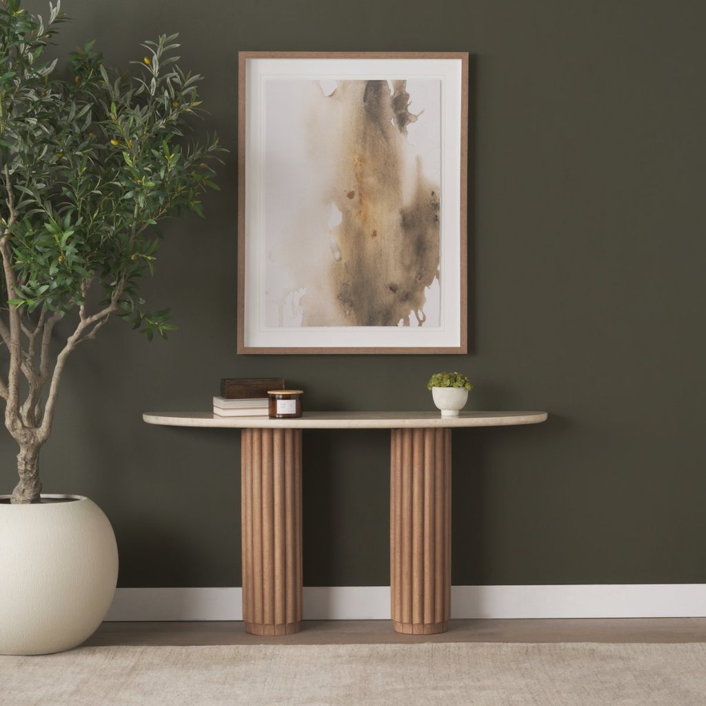 Marbrello 55" Botticino Marble Top Half Moon Console Table -- Light Brown