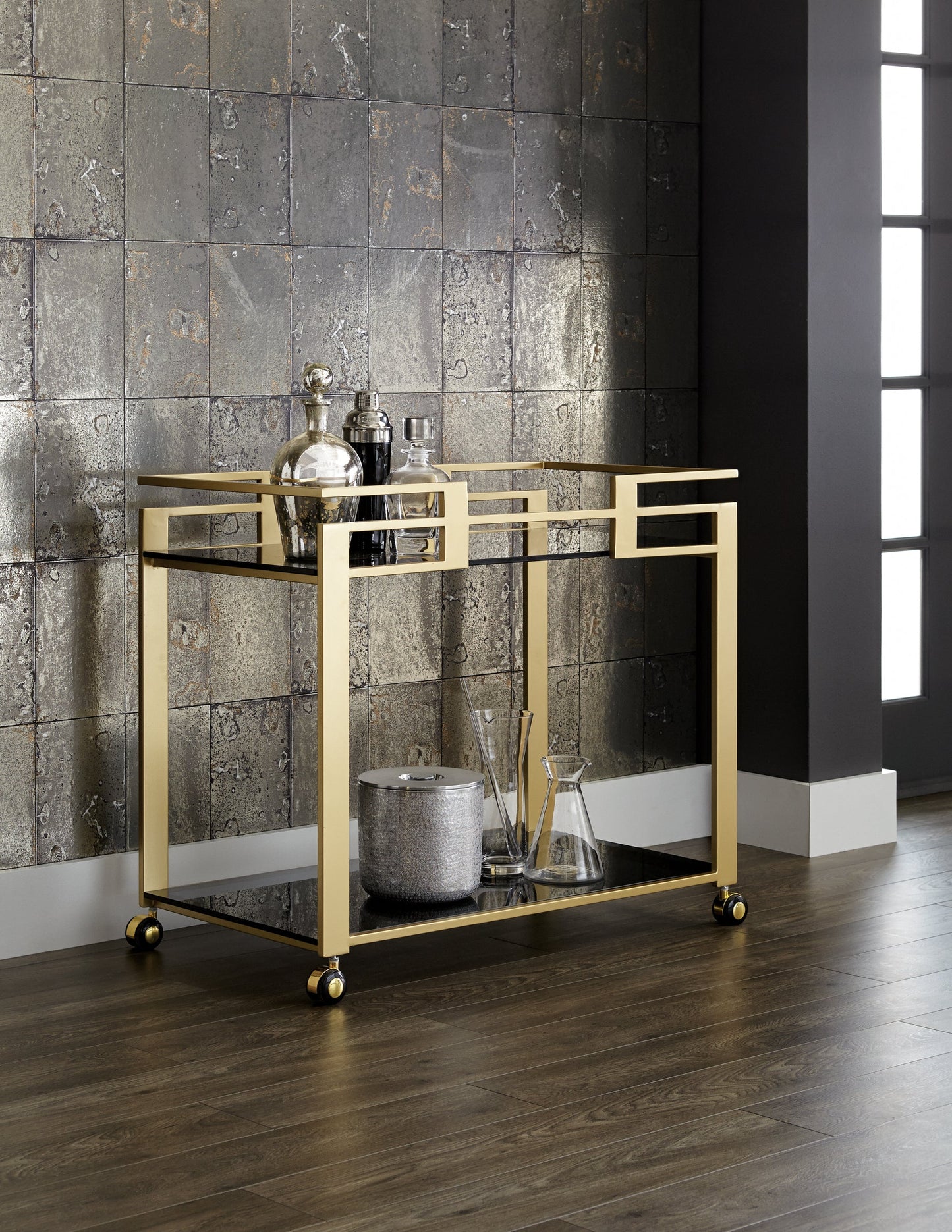 Avondale Bar Cart Gold Frame Black Glass Shelves