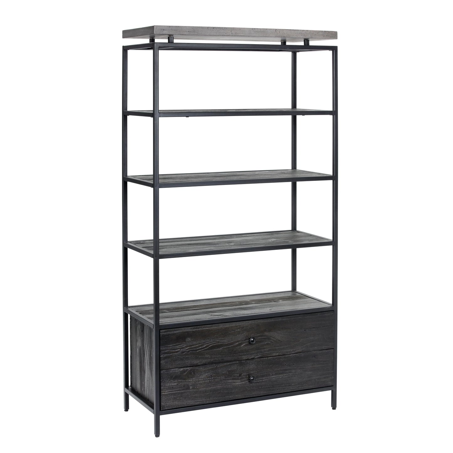 Norwood Bookcase Concrete Wood Iron Shelves Drawers