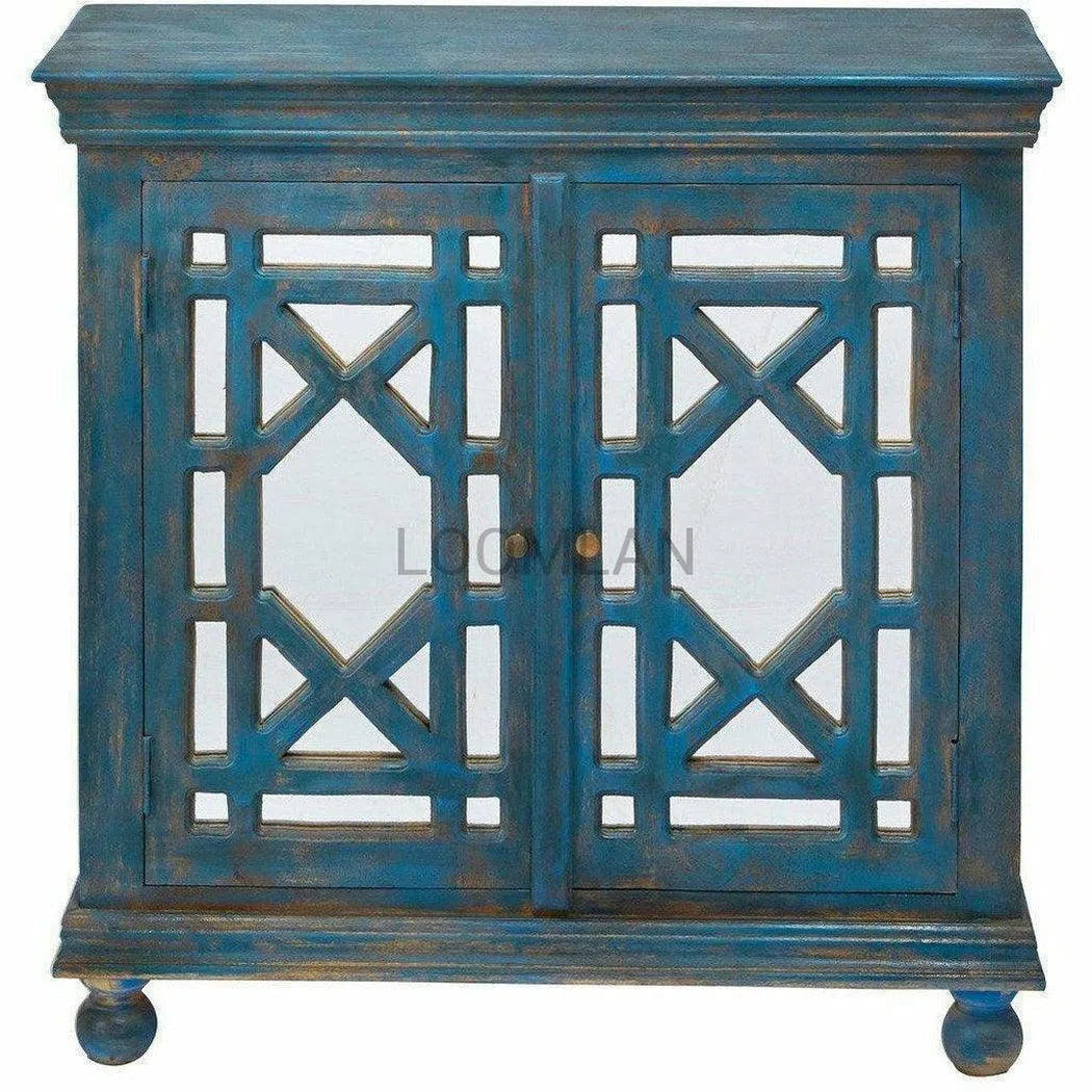 OPEN BOX 40" Distressed Navy Blue Mirrored Overlay Doors Accent Cabinet Accent Cabinets LOOMLAN By LOOMLAN