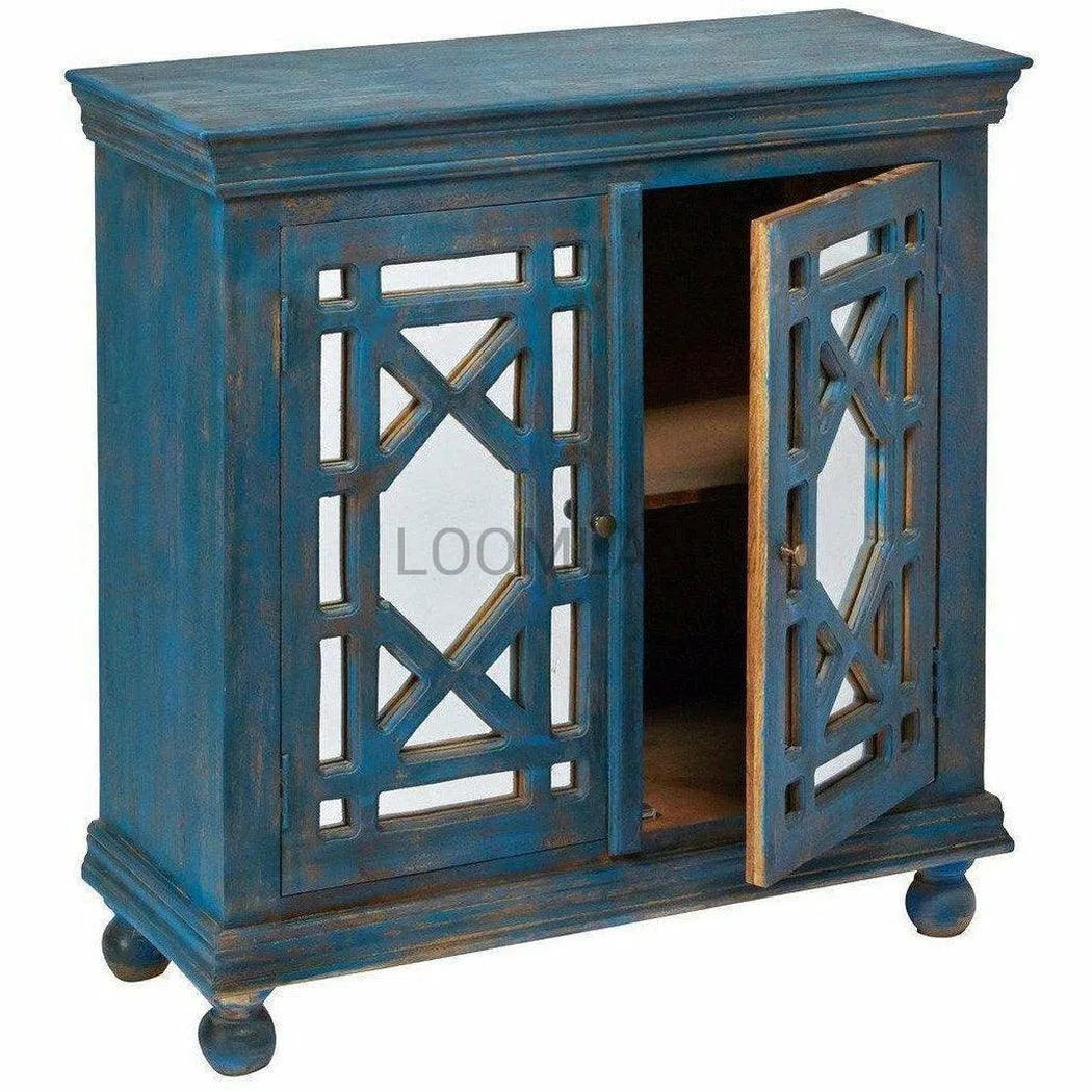 OPEN BOX 40" Distressed Navy Blue Mirrored Overlay Doors Accent Cabinet Accent Cabinets LOOMLAN By LOOMLAN