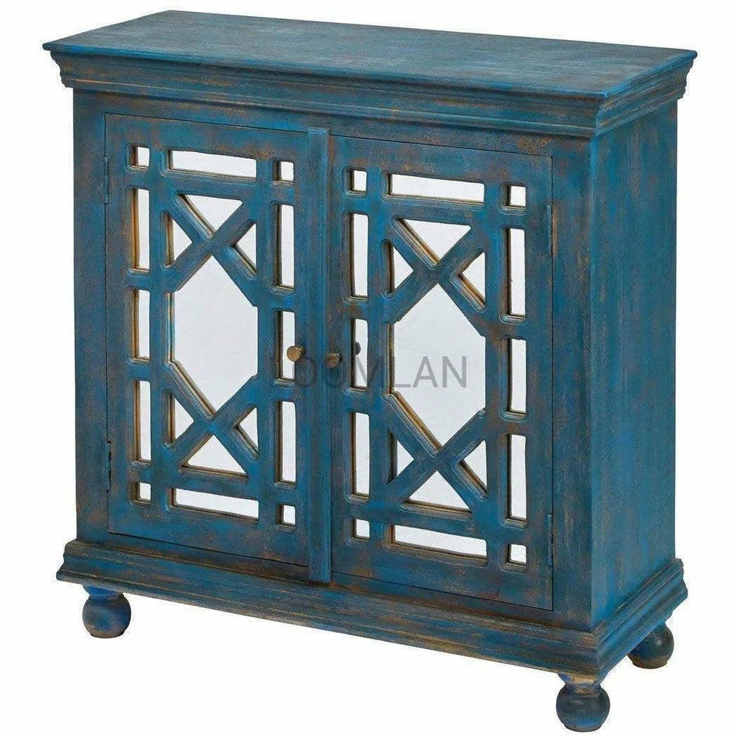 OPEN BOX 40" Distressed Navy Blue Mirrored Overlay Doors Accent Cabinet Accent Cabinets LOOMLAN By LOOMLAN