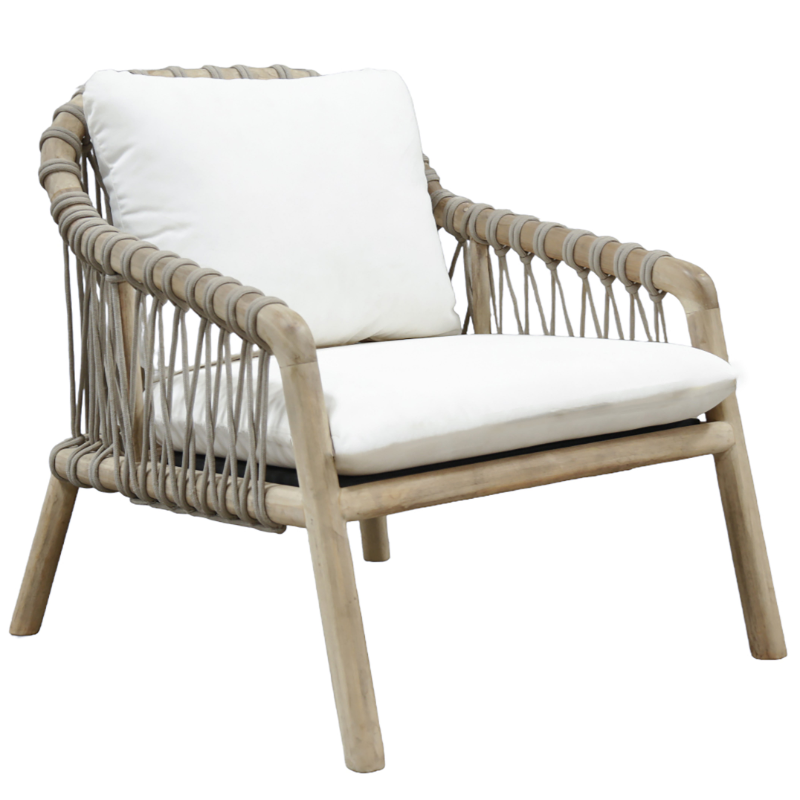 A wood framed patio chair with taupe outdoor rope detailing and a white cushion.