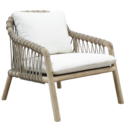 A wood framed patio chair with taupe outdoor rope detailing and a white cushion.