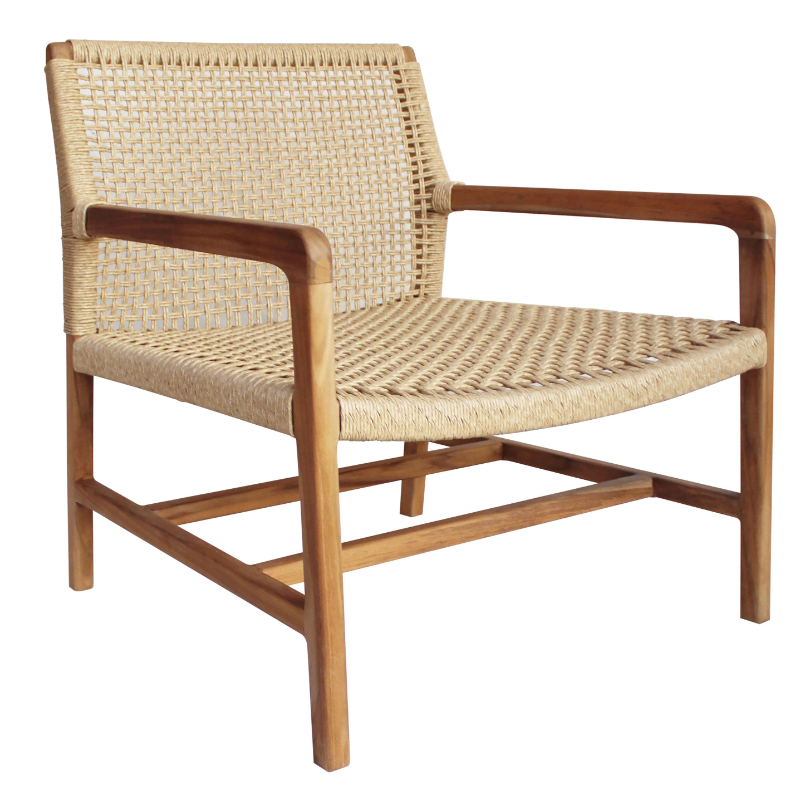 A brown teak wood framed patio chair with beige woven seat and backrest.
