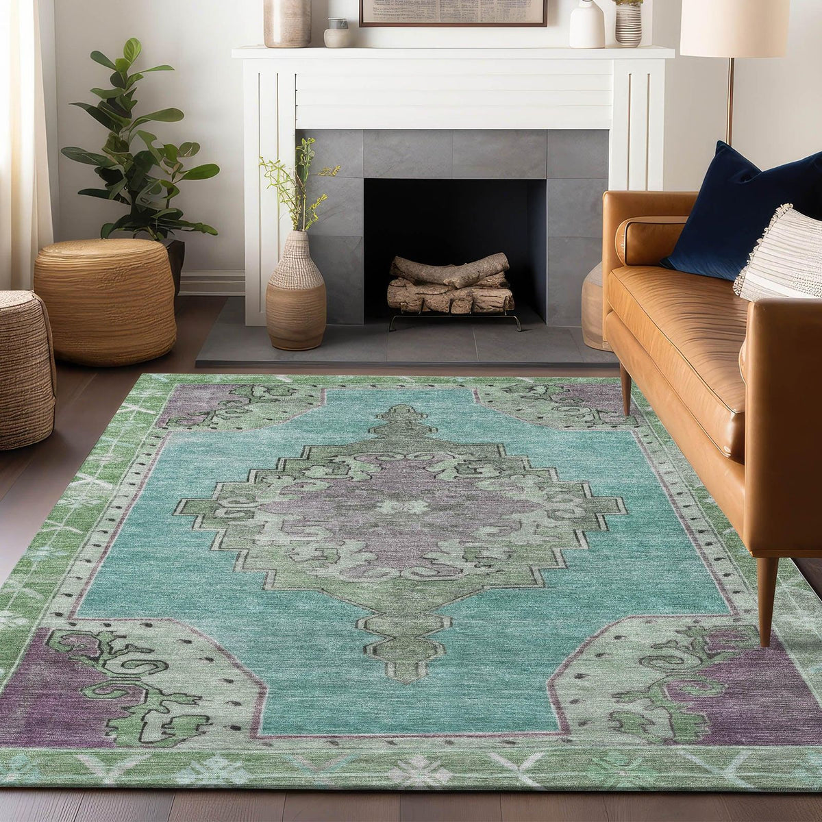 Haelion Teal Washable Indoor-Outdoor Rug
