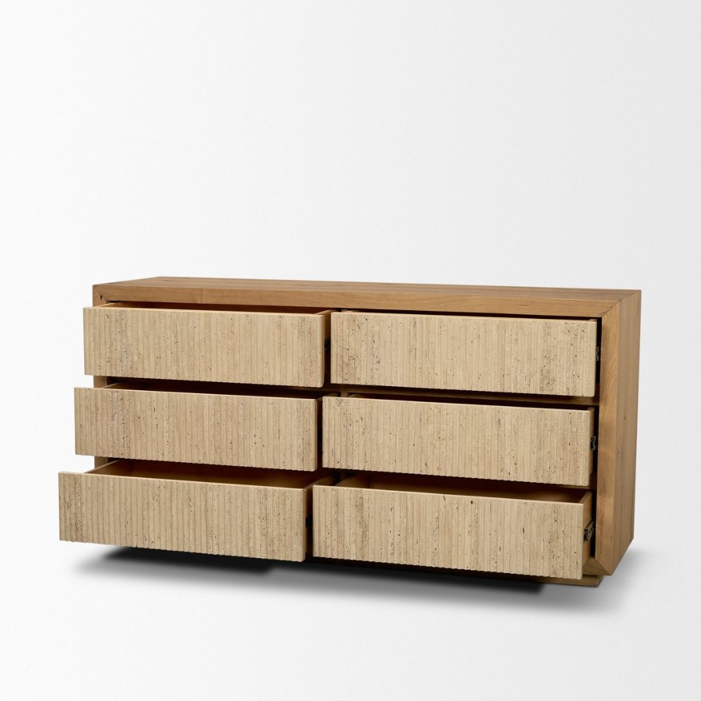 Travona 59"W Oak Wood & Travertine 6-Drawer Dresser -- Light Brown