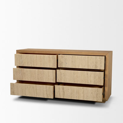Travona 59"W Oak Wood & Travertine 6-Drawer Dresser -- Light Brown