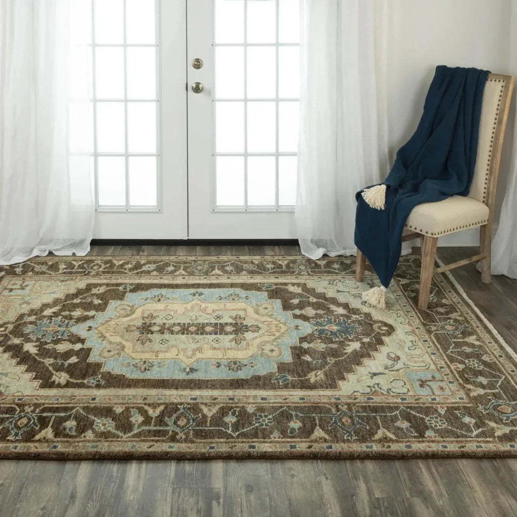 Ados Medallion Dark Brown Large Area Rugs -- brown