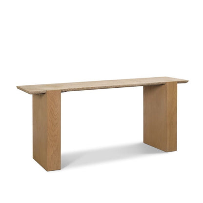 Milos 65" Travertine Top Light Brown Oak Wood Console Table