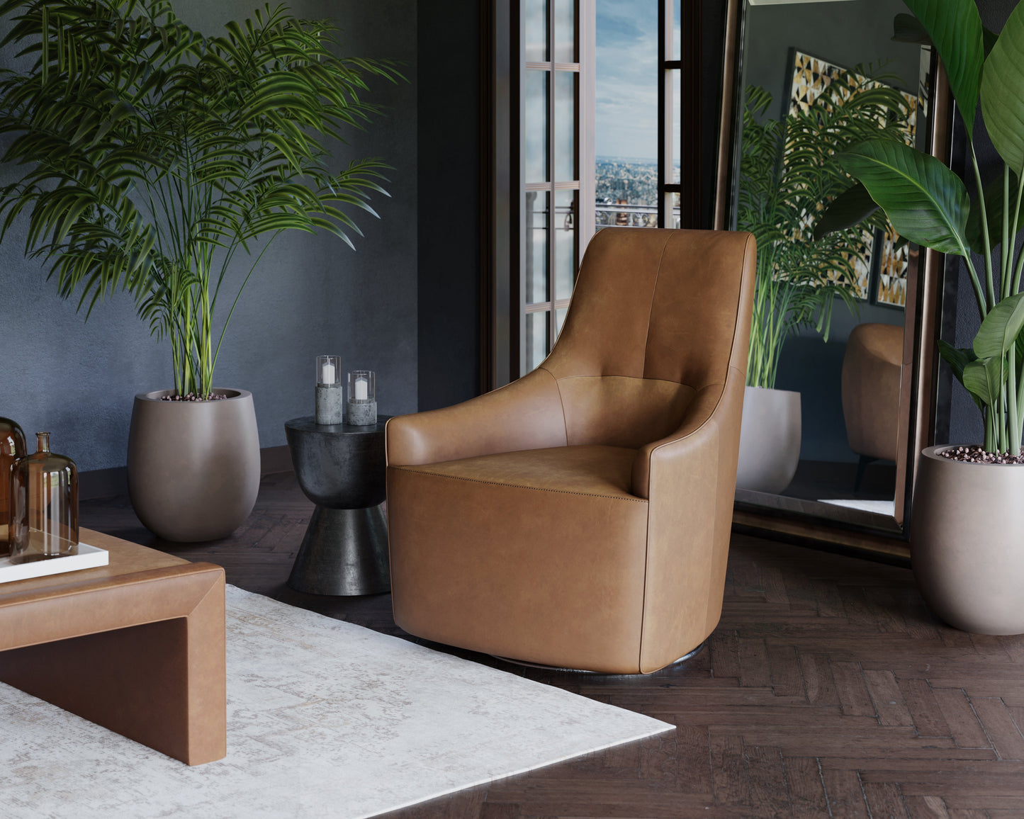 Carmine Swivel Lounge Chair In Cognac Leather