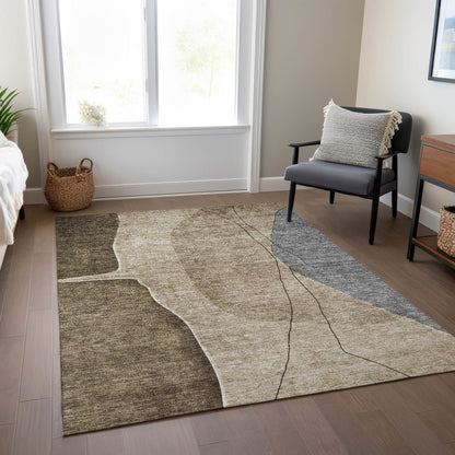 Modern Brown Washable Indoor-Outdoor Rug