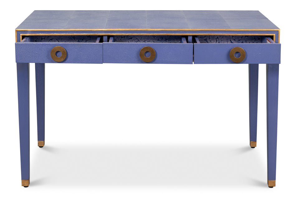 Gabriella Shagreen Leather and Wood Blue Rectangular Desk/Table