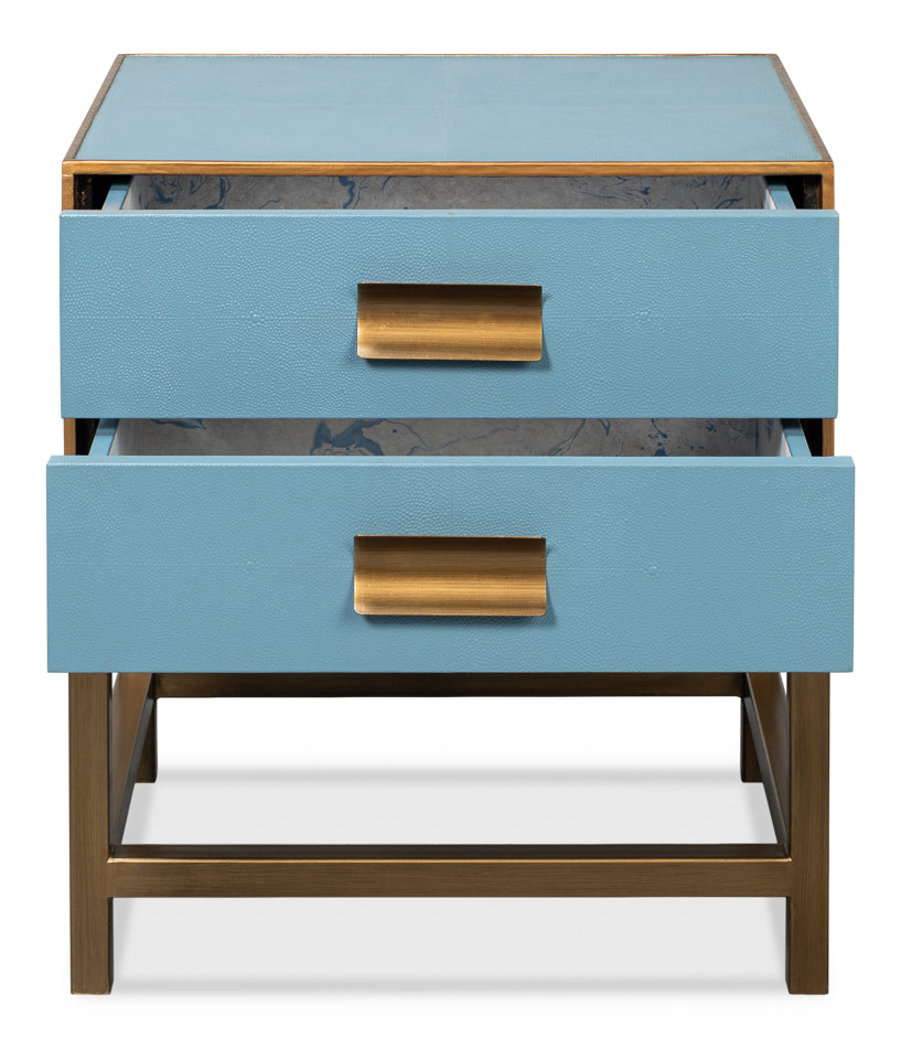 Gideon Wood and Shagreen Leather Blue Rectangular Side Table