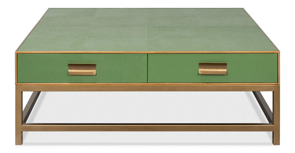 Gideon Wood and Shagreen Leather Green Square Coffee Table