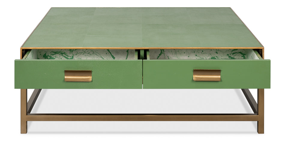 Gideon Wood and Shagreen Leather Green Square Coffee Table