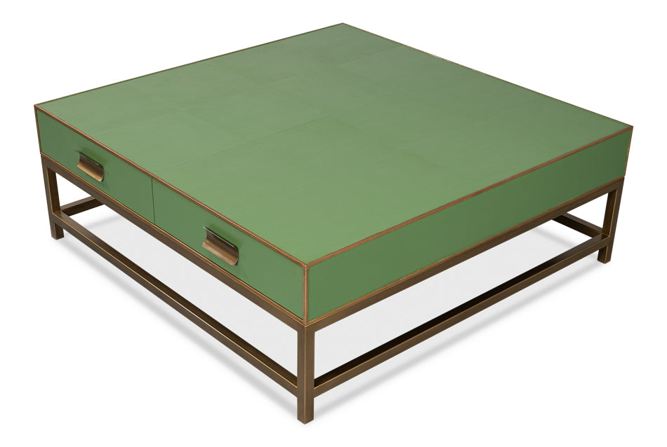 Gideon Wood and Shagreen Leather Green Square Coffee Table