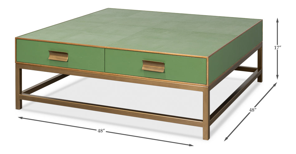 Gideon Wood and Shagreen Leather Green Square Coffee Table