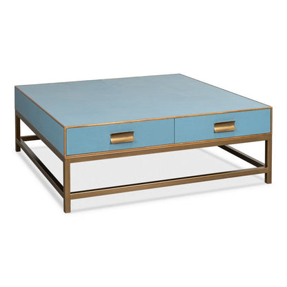 Gideon Wood and Shagreen Leather Blue Square Coffee Table