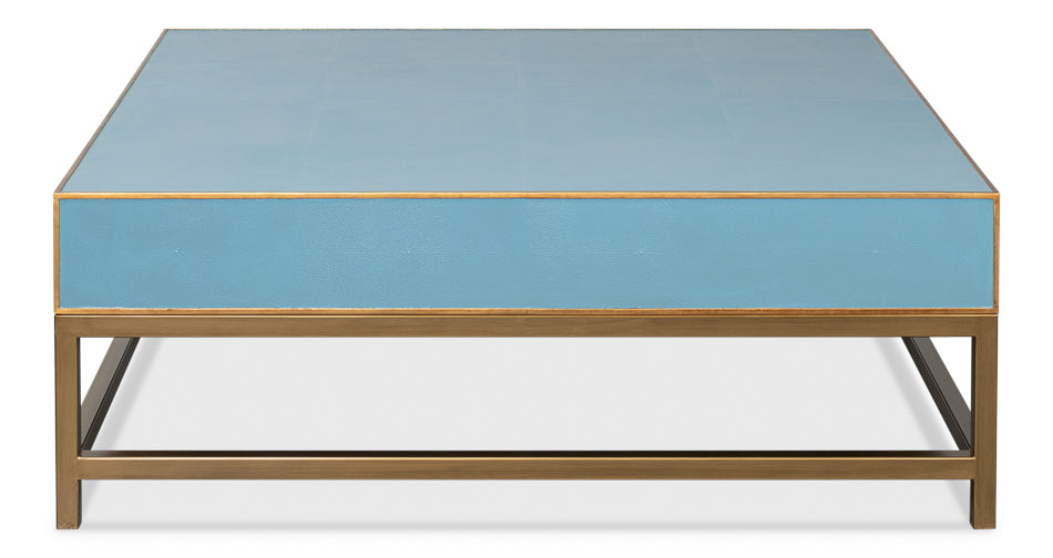 Gideon Wood and Shagreen Leather Blue Square Coffee Table