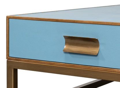 Gideon Wood and Shagreen Leather Blue Square Coffee Table