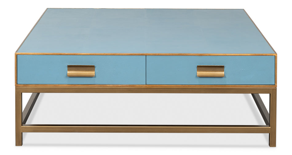 Gideon Wood and Shagreen Leather Blue Square Coffee Table