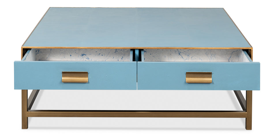 Gideon Wood and Shagreen Leather Blue Square Coffee Table