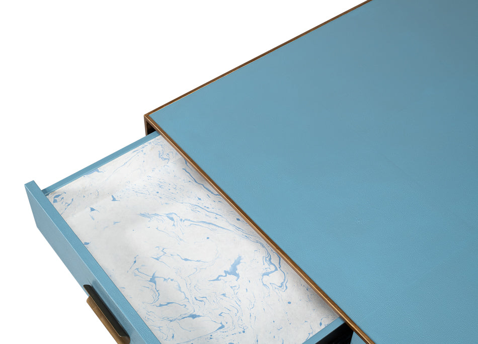 Gideon Wood and Shagreen Leather Blue Square Coffee Table