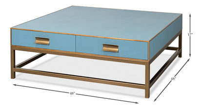 Gideon Wood and Shagreen Leather Blue Square Coffee Table