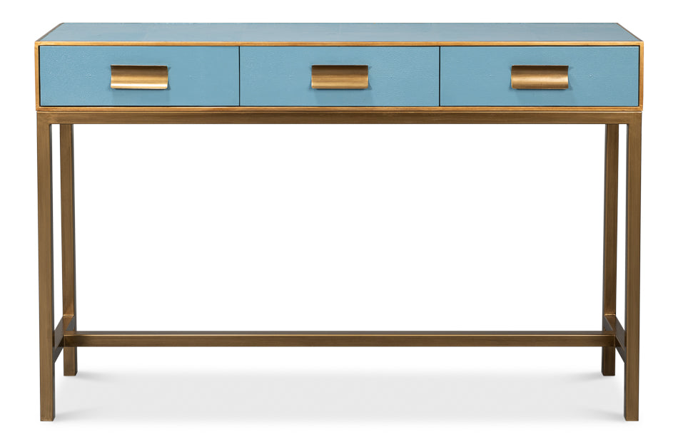 Gideon Wood and Shagreen Leather Blue Rectangular Console Table