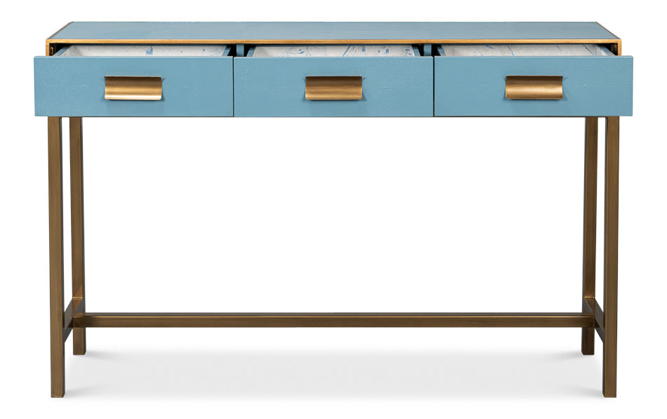 Gideon Wood and Shagreen Leather Blue Rectangular Console Table