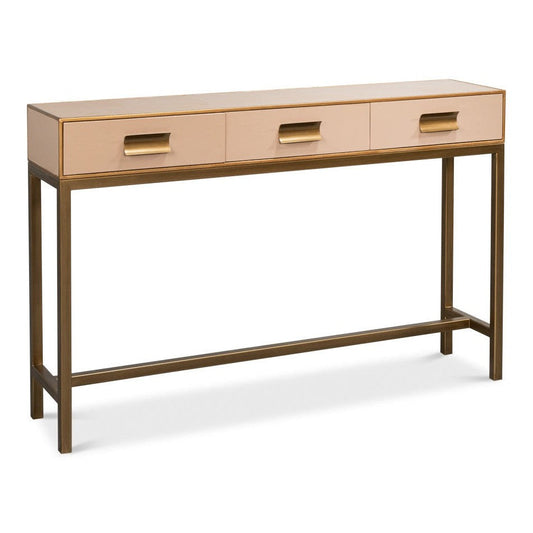 Gideon Wood and Shagreen Leather Tan Rectangular Console Table