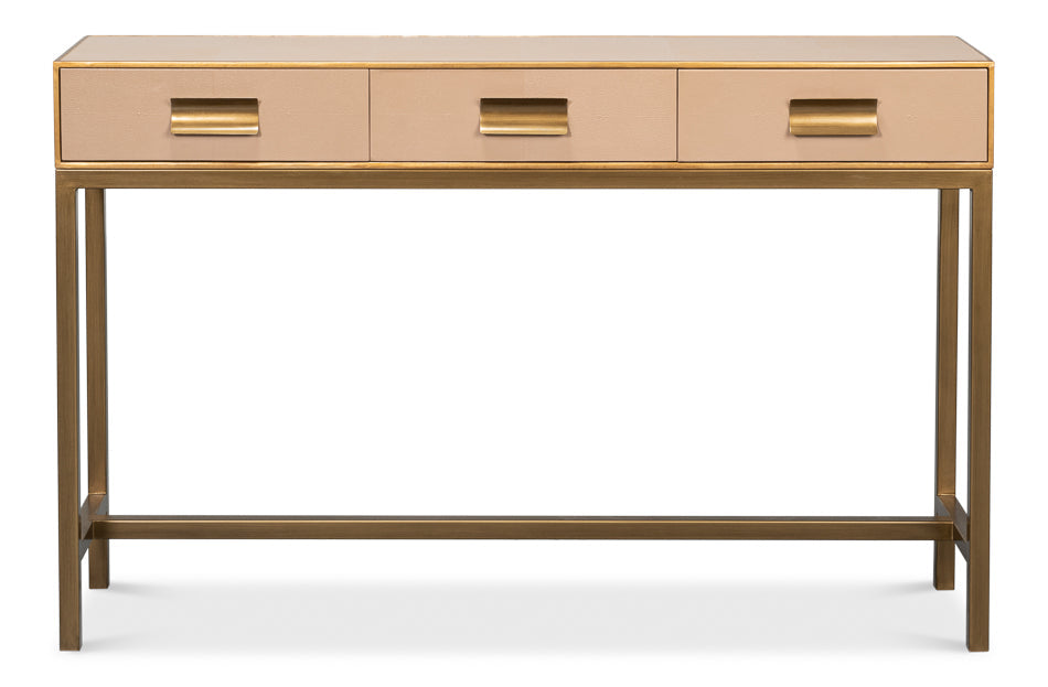 Gideon Wood and Shagreen Leather Tan Rectangular Console Table