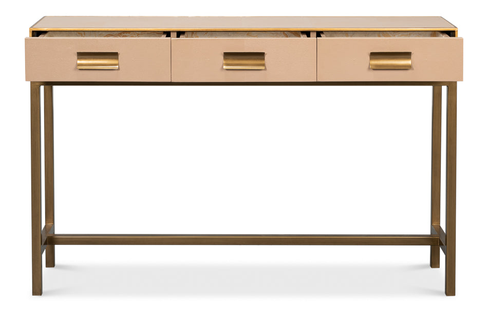 Gideon Wood and Shagreen Leather Tan Rectangular Console Table