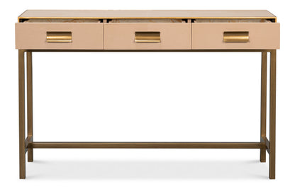 Gideon Wood and Shagreen Leather Tan Rectangular Console Table