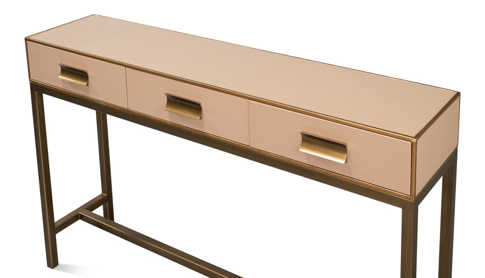 Gideon Wood and Shagreen Leather Tan Rectangular Console Table